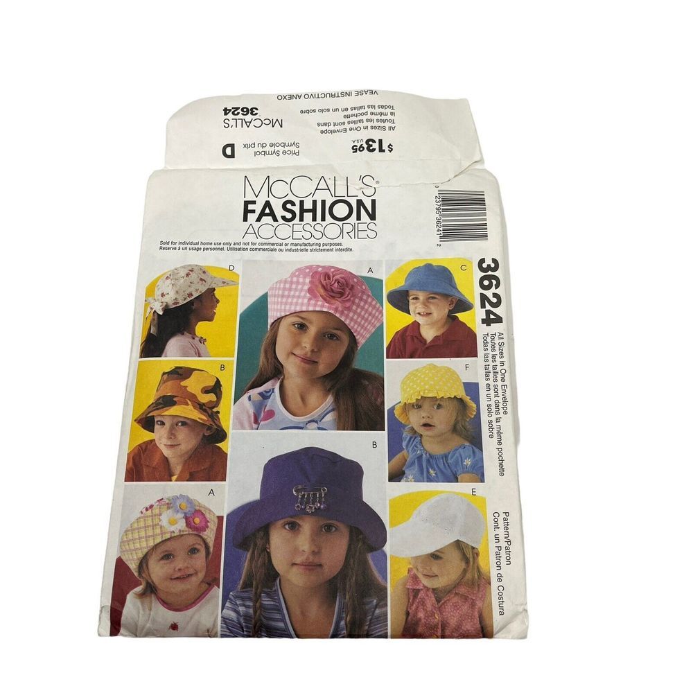 McCall's Fashion Accessories Vintage Sewing Pattern 3624 Kids Hats UNCUT‎